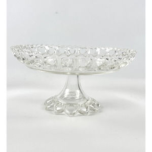 Vintage Clear Glass Footed Cake Pedestal Open Lace Heart Shaped Cut Outs